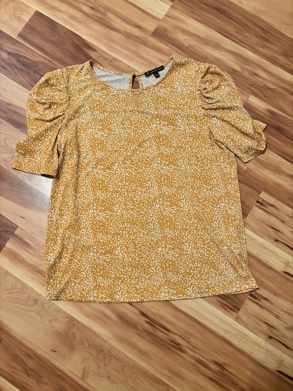 Adrianna Papell Mustard Yellow White Polka Dot Puff Sleeve Floral Blouse Size S